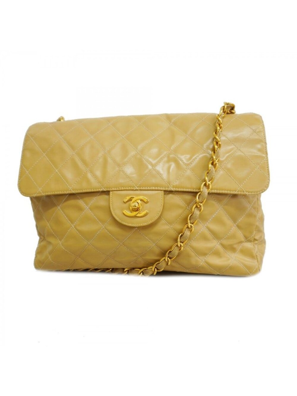 Chanel Shoulder Bag Quilted Patent Leather Beige Gold